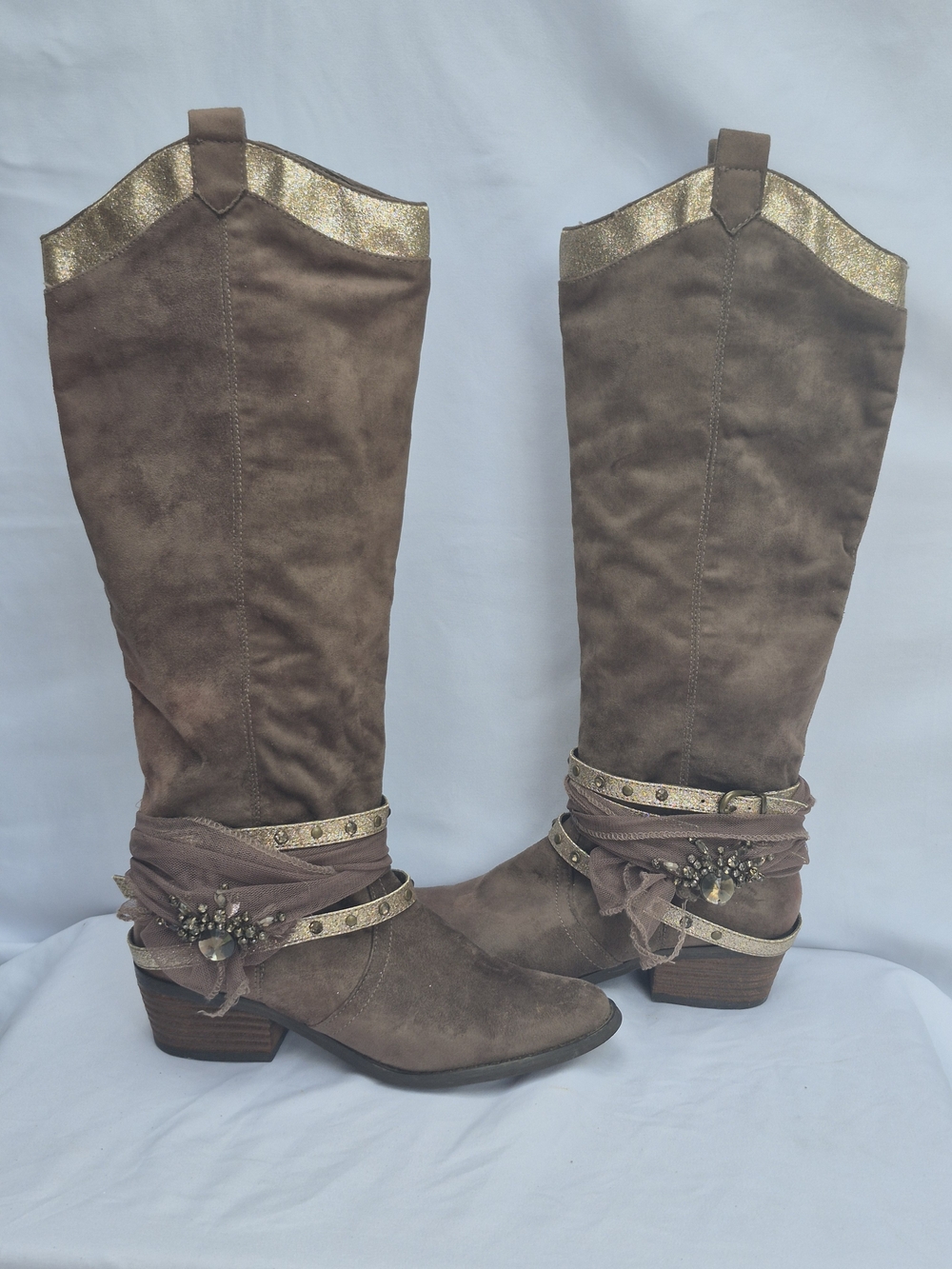 NOT RATED Brown Suede Tall Boho Boots Glitter Rhinestone  Western Size 6